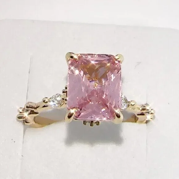 Princess Cut Pink Cubic Zirconia Ring Gold Plated Size 5-10 - Picture 7 of 14